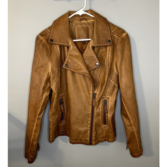 Max Studio Faux Leather Long Sleeve Asymmetrical Zip Biker Moto Jacket Brown L - Picture 2 of 7